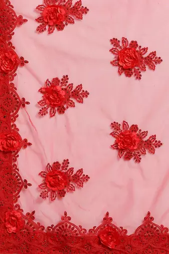 red red embellished applique floral butta work designer net saree