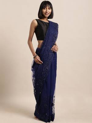 navy_blue navy blue & white floral embroidered net saree 1