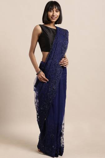 navy_blue navy blue & white floral embroidered net saree
