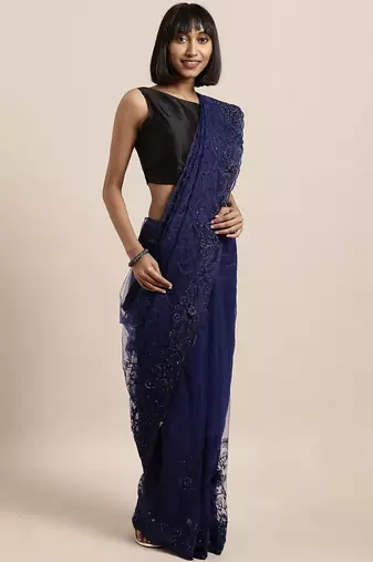 navy_blue navy blue & white floral embroidered net saree