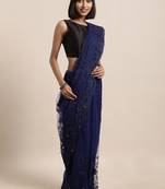 navy_blue navy blue & white floral embroidered net saree