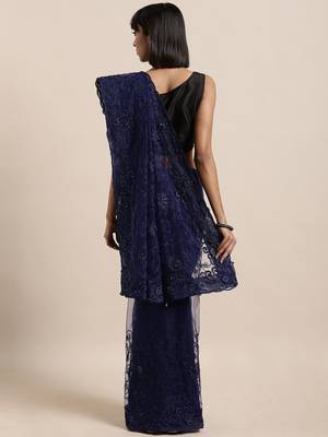 navy_blue navy blue & white floral embroidered net saree 2