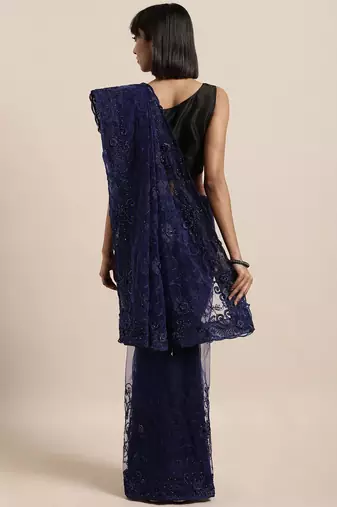 navy_blue navy blue & white floral embroidered net saree