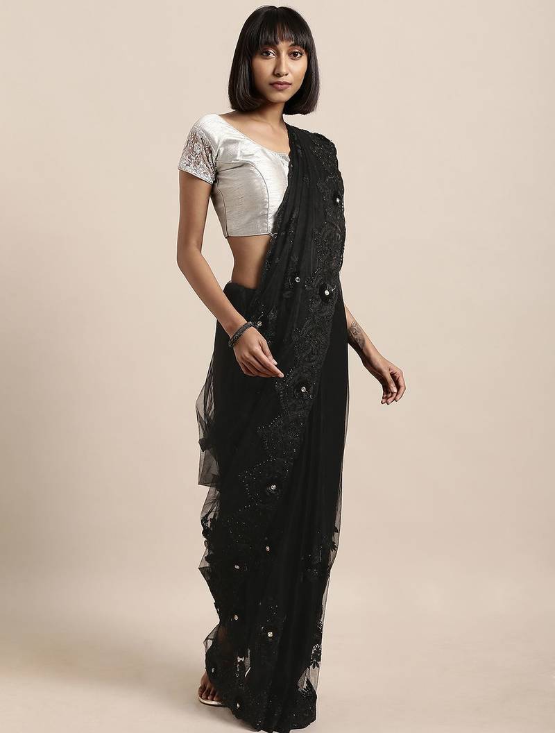 black black embellished net saree