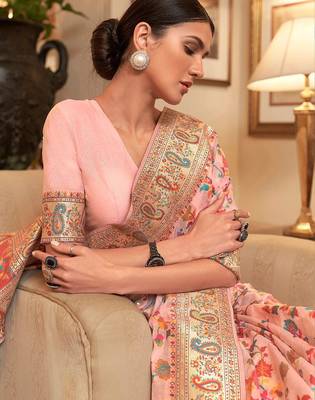 Blue floral designer silk blend saree with blouse 3