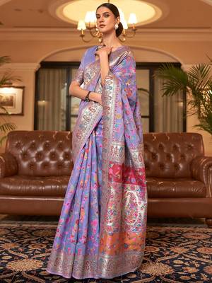 lavender lavender & orange woven design silk blend paithani saree 1
