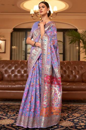 lavender lavender & orange woven design silk blend paithani saree