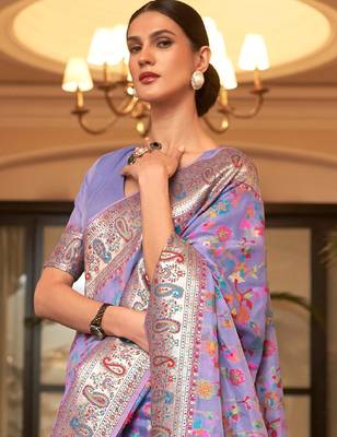 lavender lavender & orange woven design silk blend paithani saree 2