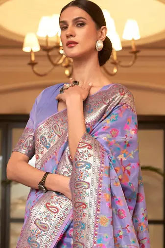 lavender lavender & orange woven design silk blend paithani saree