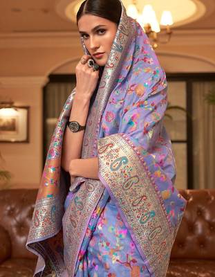 lavender lavender & orange woven design silk blend paithani saree 3