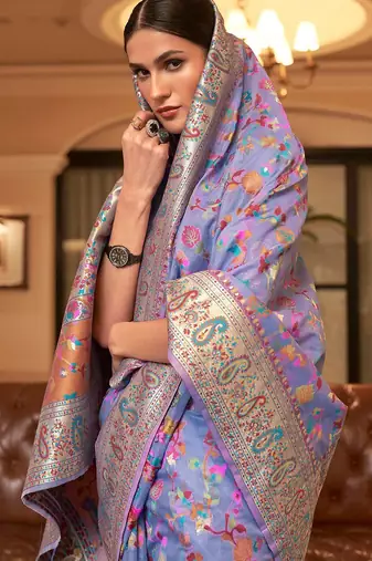 lavender lavender & orange woven design silk blend paithani saree