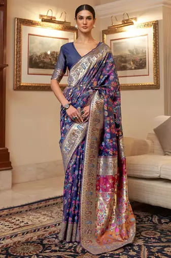 Green green & beige silk blend woven design banarasi saree