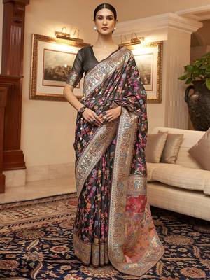 Sea green floral woven design zari saree 1