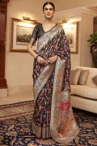Sea green floral woven design zari saree
