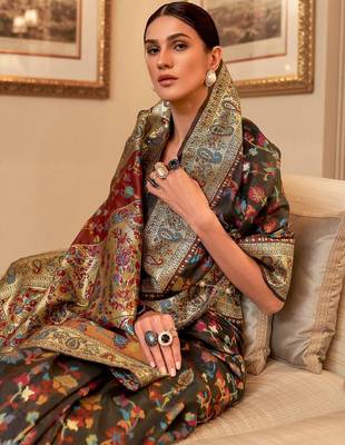Sea green floral woven design zari saree 2
