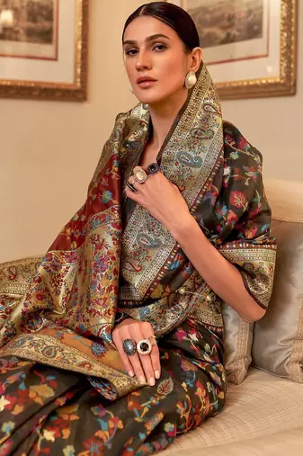 Sea green floral woven design zari saree