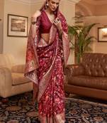 maroon maroon & gold-toned floral zari silk blend paithani saree