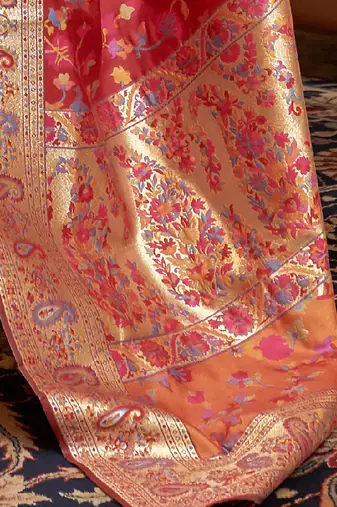 maroon maroon & gold-toned floral zari silk blend paithani saree