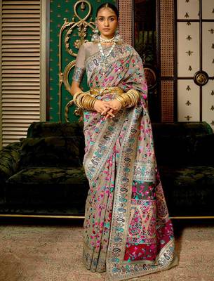 grey grey & pink floral zari silk blend paithani saree 1