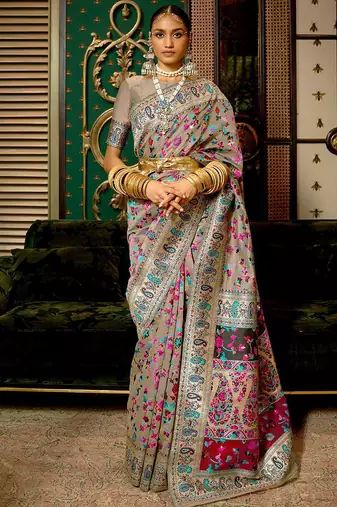 grey grey & pink floral zari silk blend paithani saree