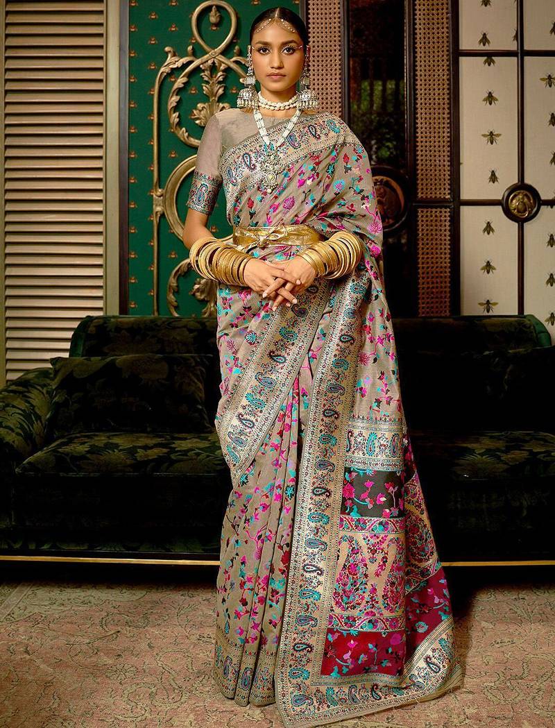 grey grey & pink floral zari silk blend paithani saree