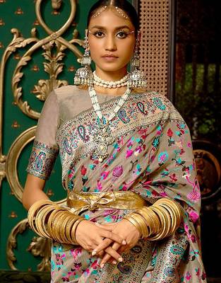 grey grey & pink floral zari silk blend paithani saree 2