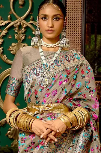 grey grey & pink floral zari silk blend paithani saree