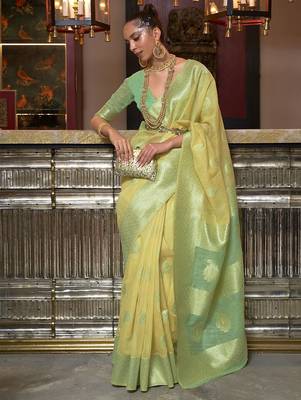 yellow yellow & green ethnic motifs zari poly linen bagru saree 1