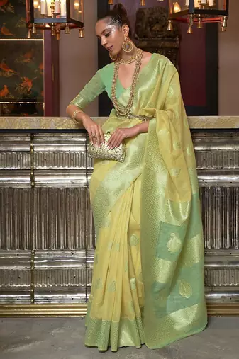 yellow yellow & green ethnic motifs zari poly linen bagru saree