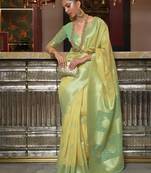 yellow yellow & green ethnic motifs zari poly linen bagru saree