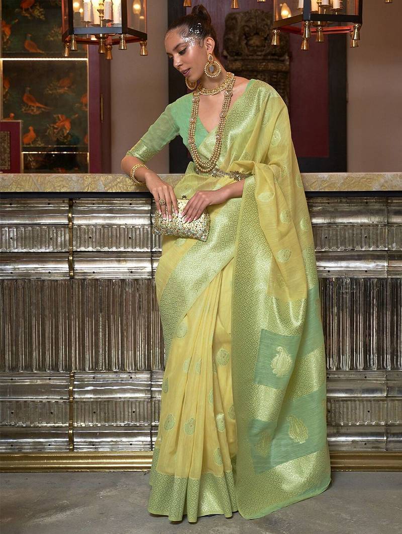 yellow yellow & green ethnic motifs zari poly linen bagru saree