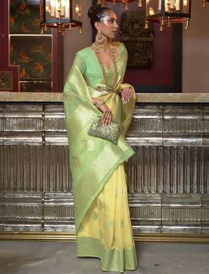 yellow yellow & green ethnic motifs zari poly linen bagru saree 2