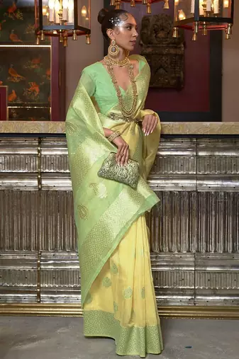 yellow yellow & green ethnic motifs zari poly linen bagru saree
