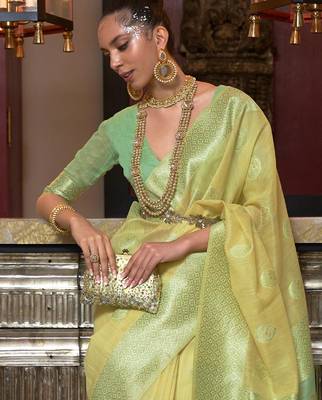 yellow yellow & green ethnic motifs zari poly linen bagru saree 3