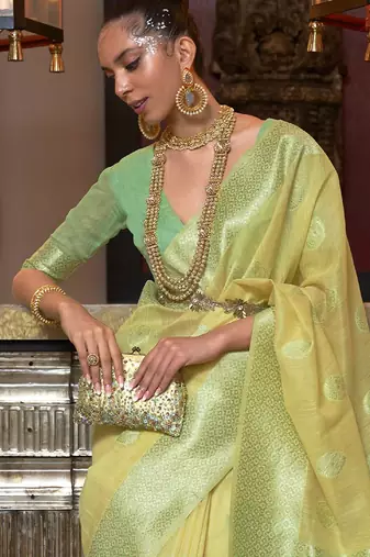 yellow yellow & green ethnic motifs zari poly linen bagru saree