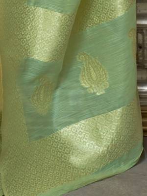 yellow yellow & green ethnic motifs zari poly linen bagru saree 4