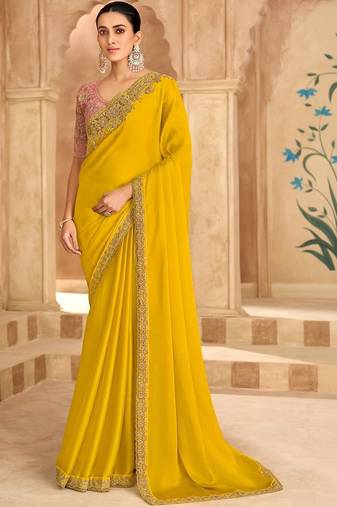 yellow embellished embroidered satin heavy work saree