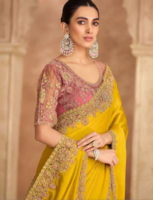 yellow embellished embroidered satin heavy work saree 2