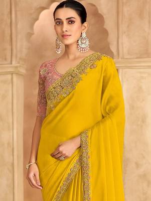 yellow embellished embroidered satin heavy work saree 3
