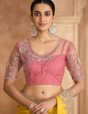 yellow embellished embroidered satin heavy work saree 5