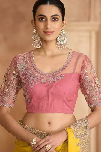 yellow embellished embroidered satin heavy work saree