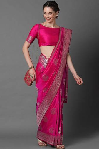 pink pink & silver-toned paisley zari silk blend banarasi saree