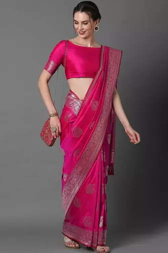 pink pink & silver-toned paisley zari silk blend banarasi saree