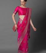 pink pink & silver-toned paisley zari silk blend banarasi saree