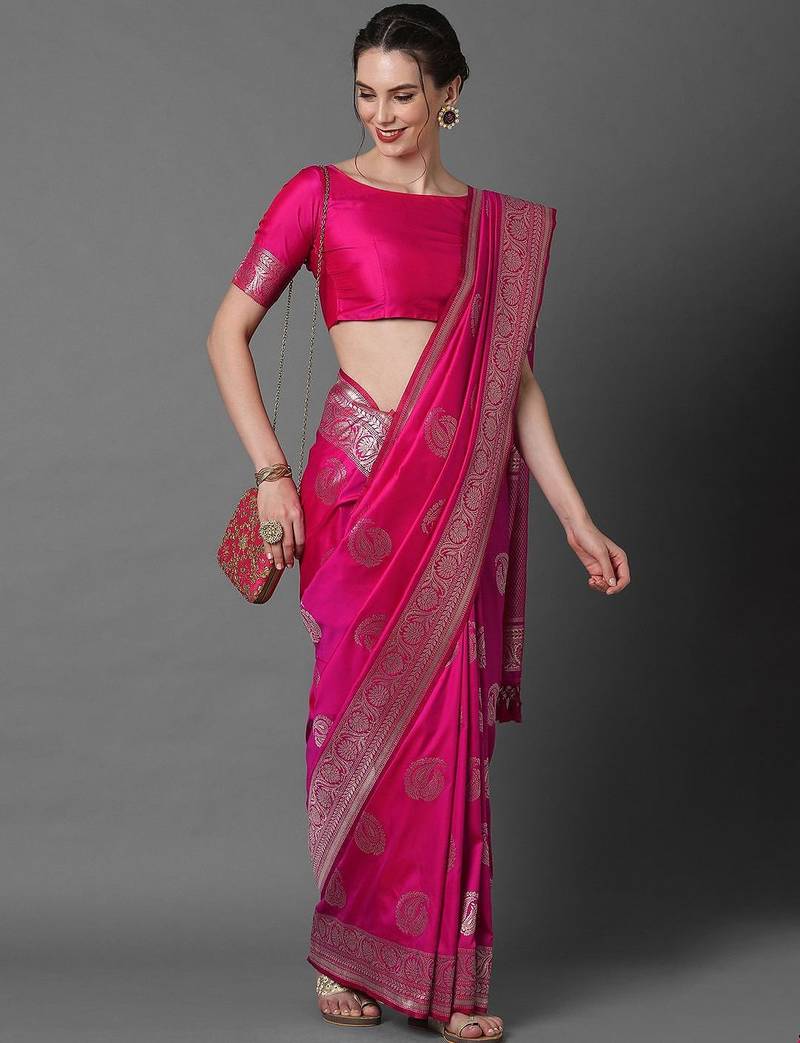 pink pink & silver-toned paisley zari silk blend banarasi saree