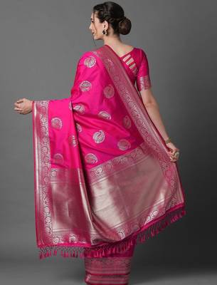 pink pink & silver-toned paisley zari silk blend banarasi saree 2
