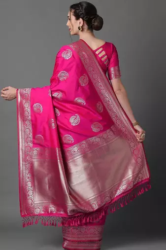 pink pink & silver-toned paisley zari silk blend banarasi saree
