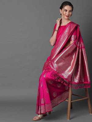 pink pink & silver-toned paisley zari silk blend banarasi saree 3