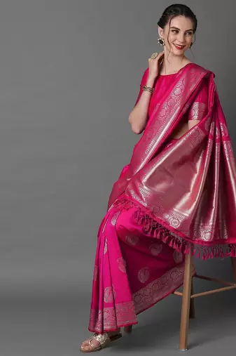 pink pink & silver-toned paisley zari silk blend banarasi saree