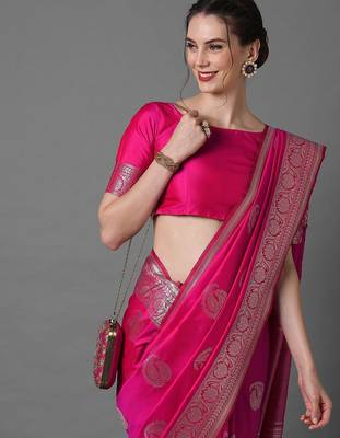 pink pink & silver-toned paisley zari silk blend banarasi saree 4
